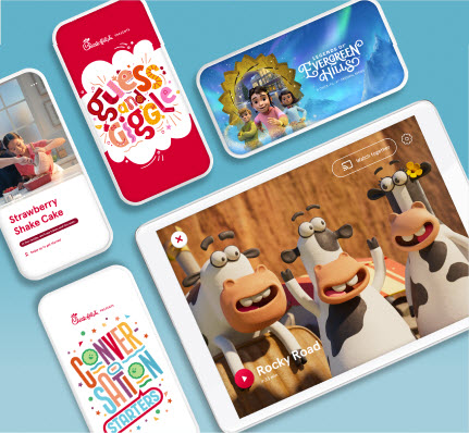 Four smartphones and a tablet showing different offerings on the Chick-fil-A Play App including a Conversation Starters game, Guess and Giggle game, Rocky Road short film and Legends of Evergreen Hills series.