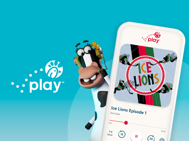 Smartphone with a screen showing a podcast from the Chick-fil-A Play App, with the animated cow Daisy wearing a headset and standing behind the phone next to the Chick-fil-A Play logo