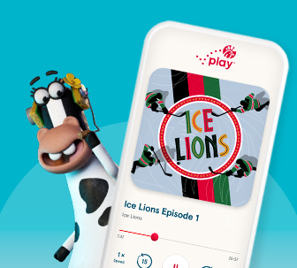 Smartphone with a screen showing a podcast from the Chick-fil-A Play App, with the animated cow Daisy wearing a headset and standing behind the phone next to the Chick-fil-A Play logo
