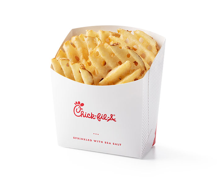 Chick-fil-A Waffle Potato Fries® in white packaging with a red Chickfil- A® logo
